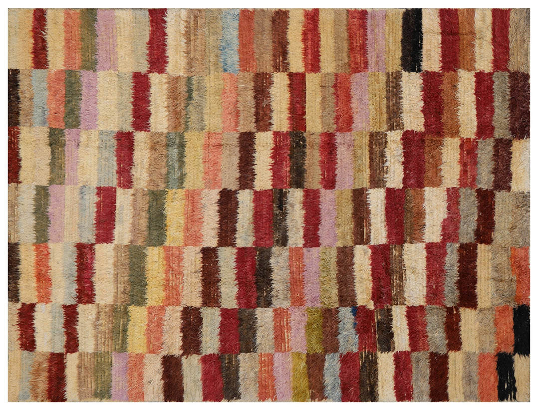 Ariana Barchi Hand-Knotted Checkered Geometric Shaggy Wool Rug 10'6" x 8'0"