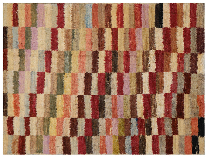 Ariana Barchi Hand-Knotted Checkered Geometric Shaggy Wool Rug 10'6" x 8'0"