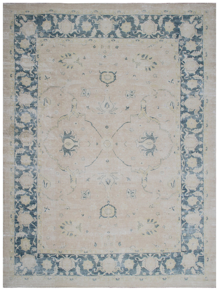 8'x11' Fine Afghan Zigler Mahal Rug | Washed Blue Border | Organic Wool
