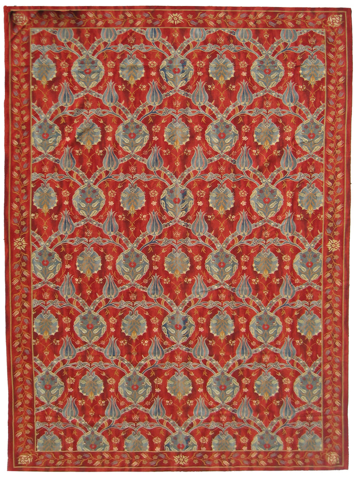 Red Aubusson Ottoman Floral Rug - 5'7"x9'7" Handwoven Wool Textile