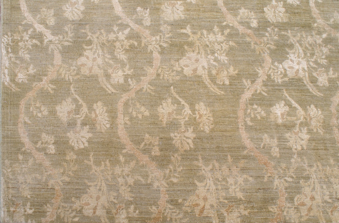 9'x11' Afghan Silk & Wool Chinoiserie Rug – Hand-Knotted | Green & Gold Floral