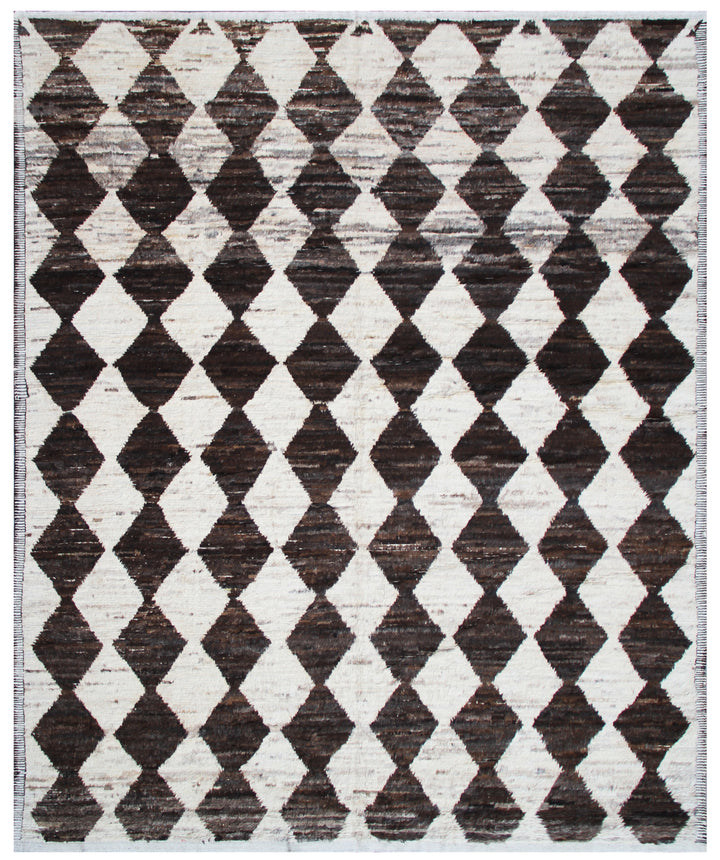 9'x11' Moroccan Style| Brown and Ivory| Diamond Checkered Pattern |Barchi Area Rug