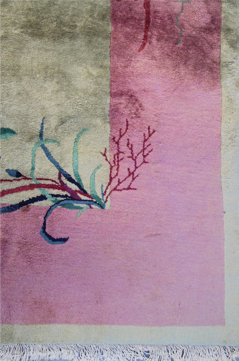 9'x11' Vintage Chinese Art Deco Large Size | Pink & Green Floral Wool Rug