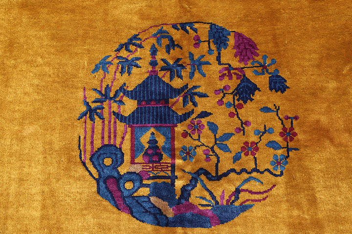 9'x11' Vintage Chinese Art Deco Rug | Golden Yellow & Blue | Floral Rug