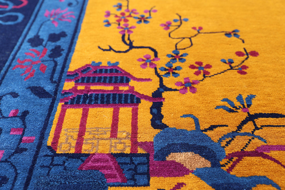 9'x11' Vintage Chinese Art Deco Rug | Golden Yellow & Blue | Floral Rug