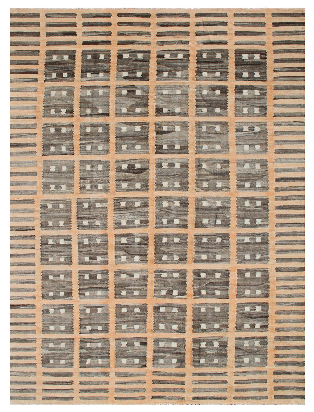 A rectangular, flatweave rug with a geometric pattern featuring shades of brown and orange, and a visible soft, textured texture.