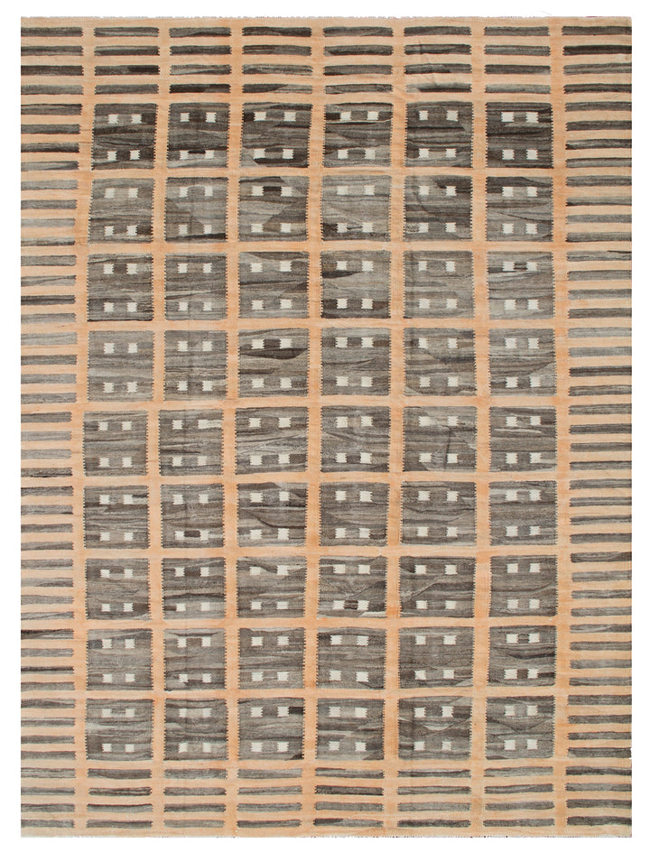 A rectangular, flatweave rug with a geometric pattern featuring shades of brown and orange, and a visible soft, textured texture.