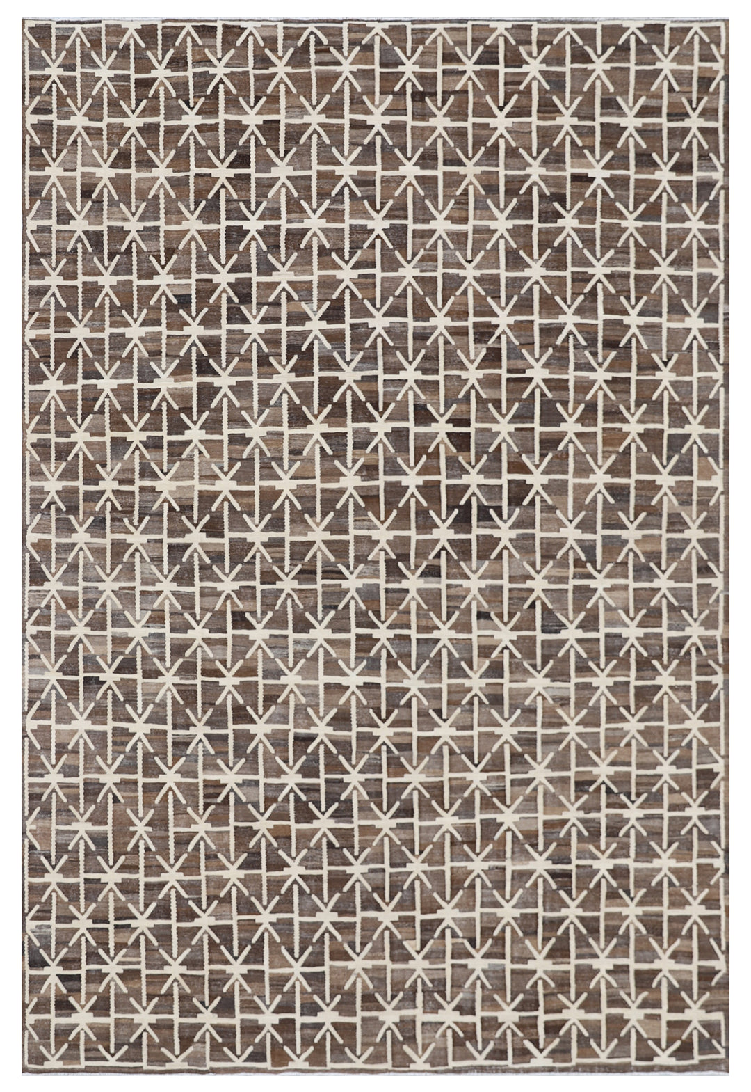 A rectangular, flatweave rug with a geometric pattern in shades of brown and beige.
