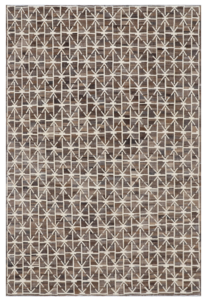 A rectangular, flatweave rug with a geometric pattern in shades of brown and beige.