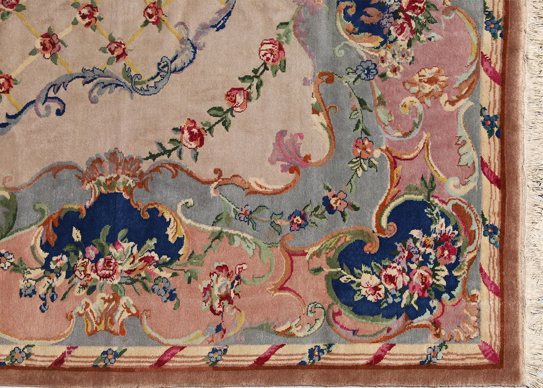 9'x12' salmon and gray Savonnerie vintage Chinese Art Deco rug with floral medallion design in wool