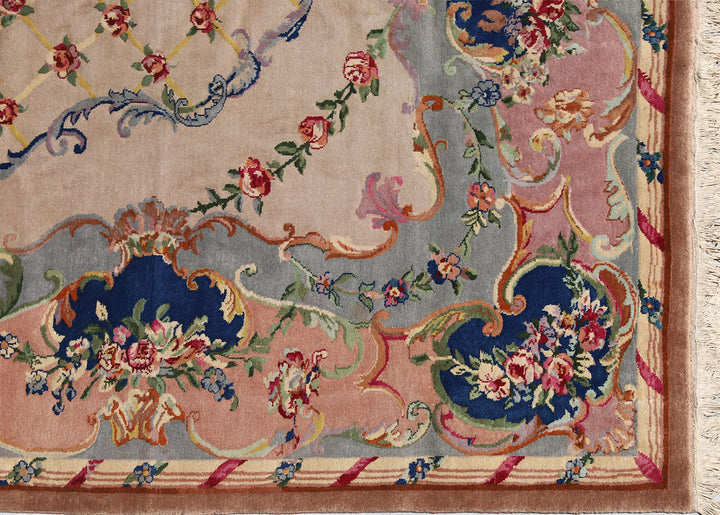 9'x12' salmon and gray Savonnerie vintage Chinese Art Deco rug with floral medallion design in wool