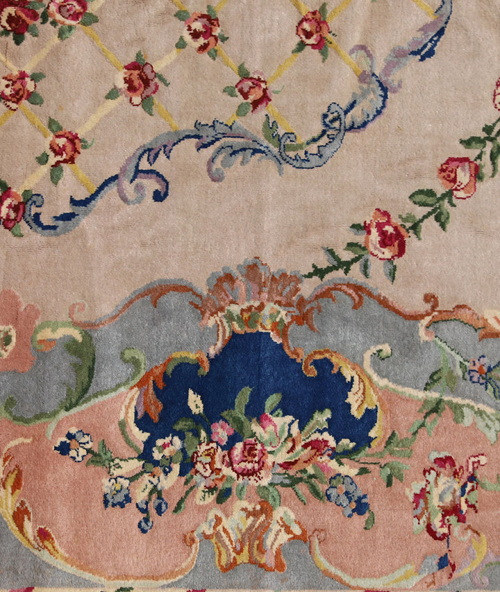 9'x12' salmon and gray Savonnerie vintage Chinese Art Deco rug with floral medallion design in wool
