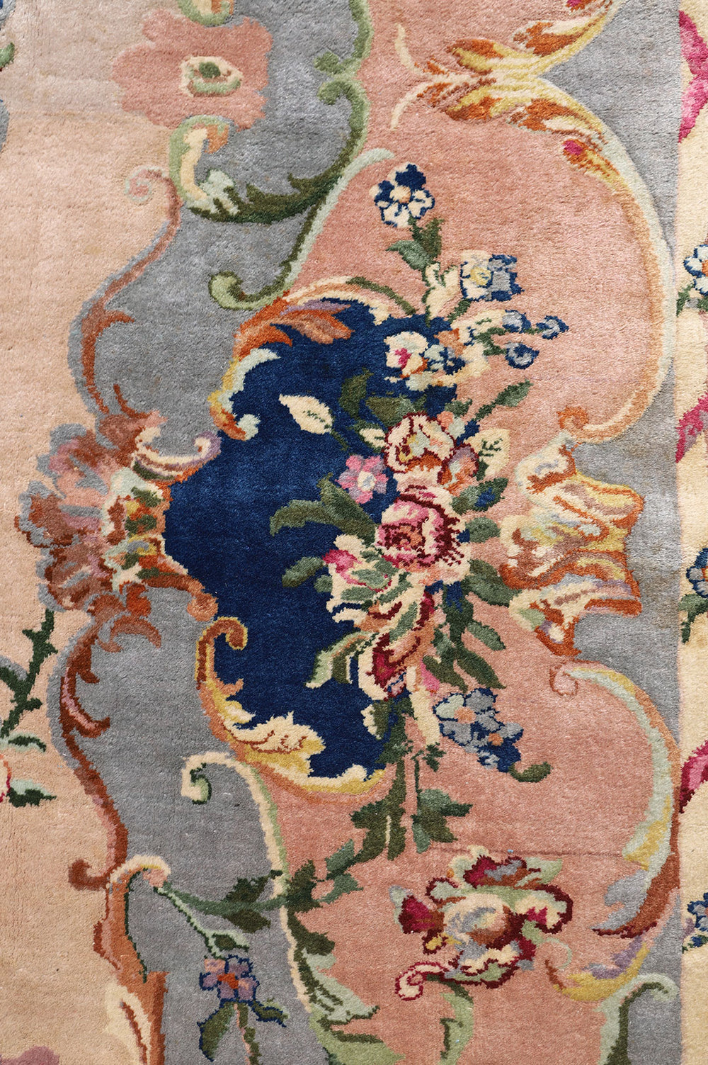 9'x12' salmon and gray Savonnerie vintage Chinese Art Deco rug with floral medallion design in wool
