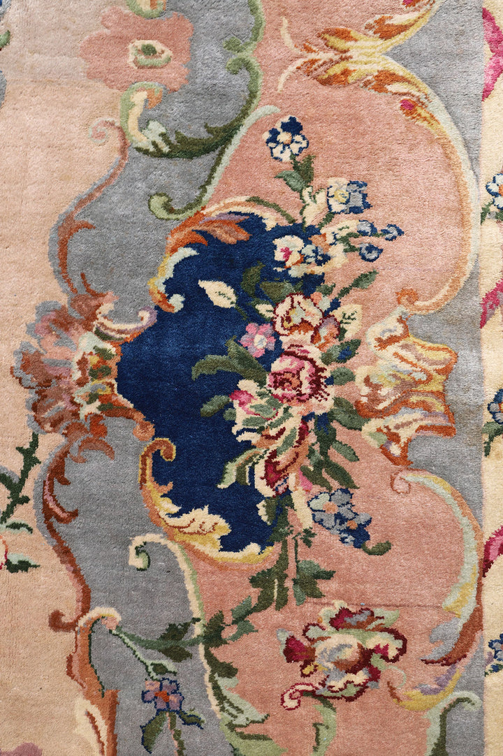 9'x12' salmon and gray Savonnerie vintage Chinese Art Deco rug with floral medallion design in wool