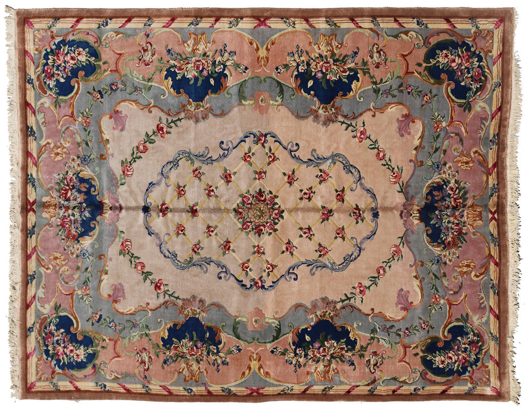 9'x12' salmon and gray Savonnerie vintage Chinese Art Deco rug with floral medallion design in wool