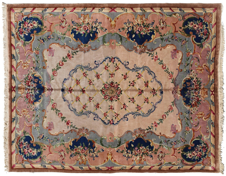 9'x12' salmon and gray Savonnerie vintage Chinese Art Deco rug with floral medallion design in wool