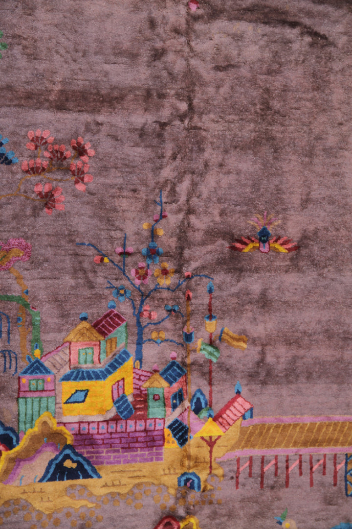 9'x12' Vintage Chinese Art Deco Rug | Brown & Pink Floral Large