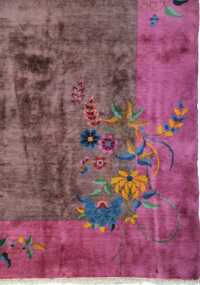 9'x12' Vintage Chinese Art Deco Rug | Brown & Pink Floral Large Size Rug