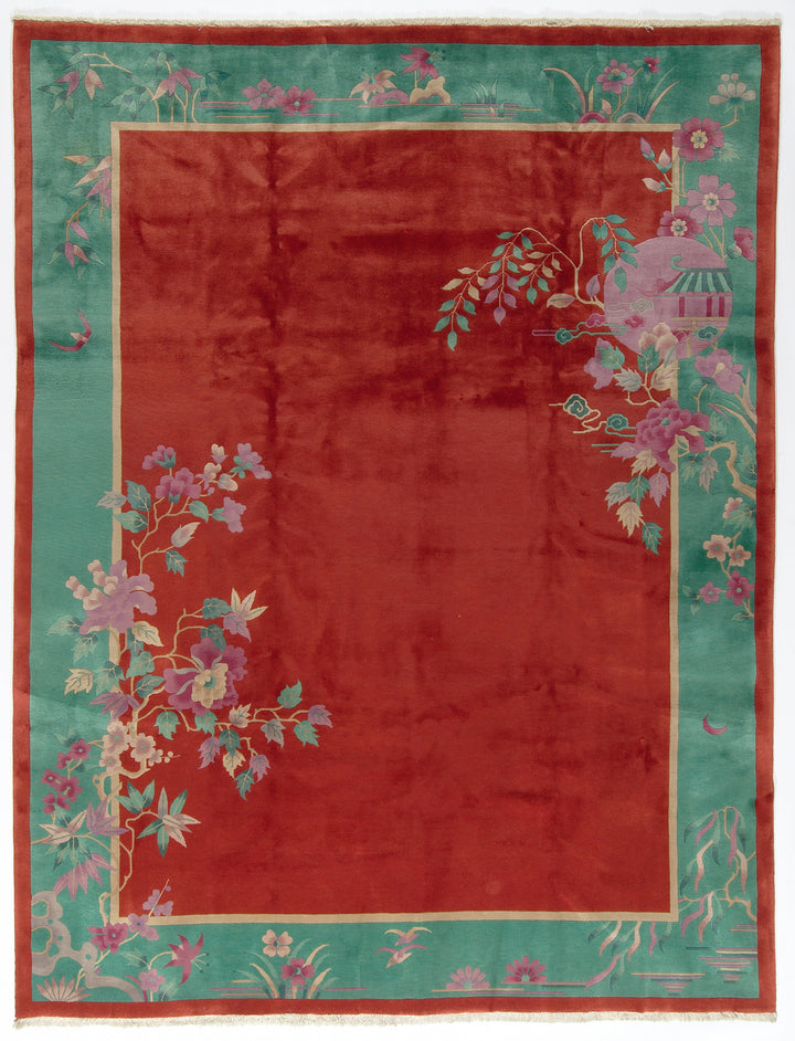 9'x12' Vintage Chinese Art Deco Rug | Red Wool Area Rug