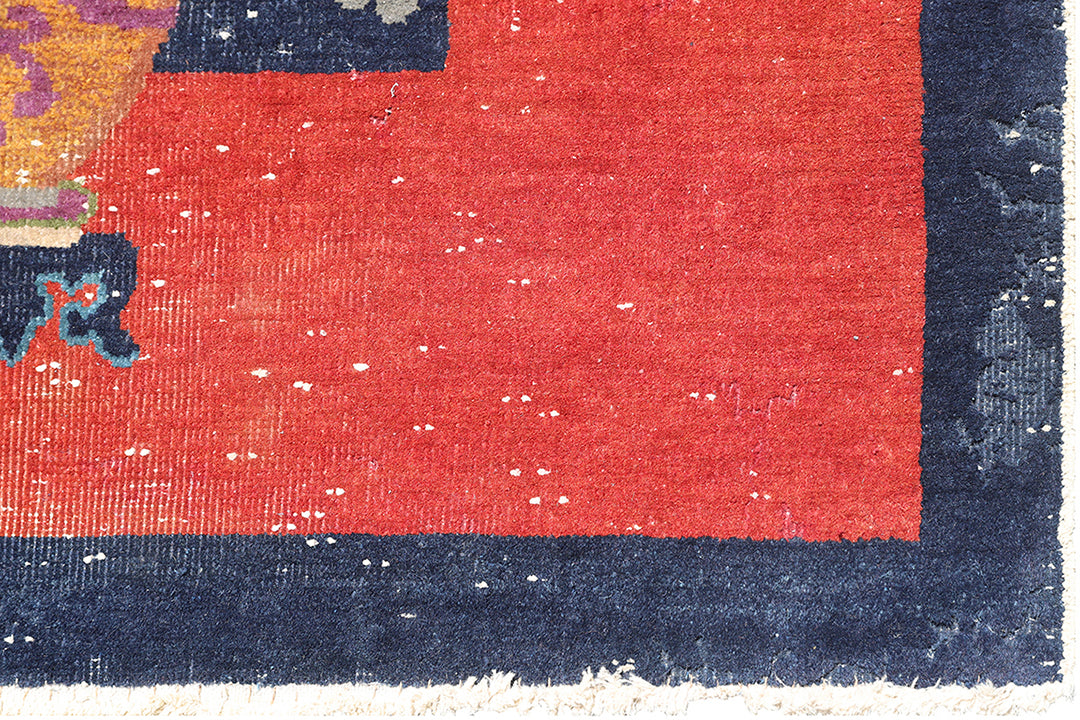 9'x12' Vintage Floral Chinese Art Deco Rug | Navy Blue & Red Large Size Rug