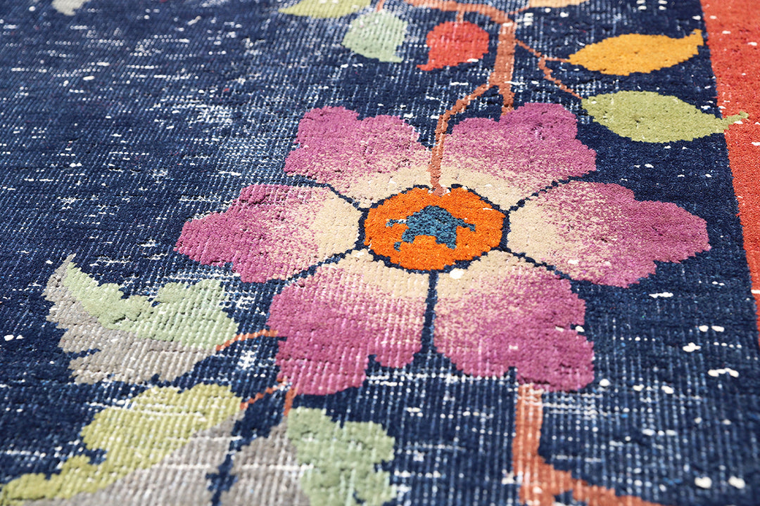 9'x12' Vintage Floral Chinese Art Deco Rug | Navy Blue & Red Large Size Rug