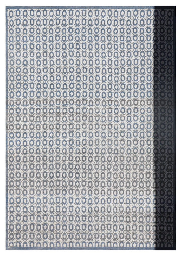 9'x12' Wool Rug | Circular Design | Beige & Navy-Blue | Modern Rug