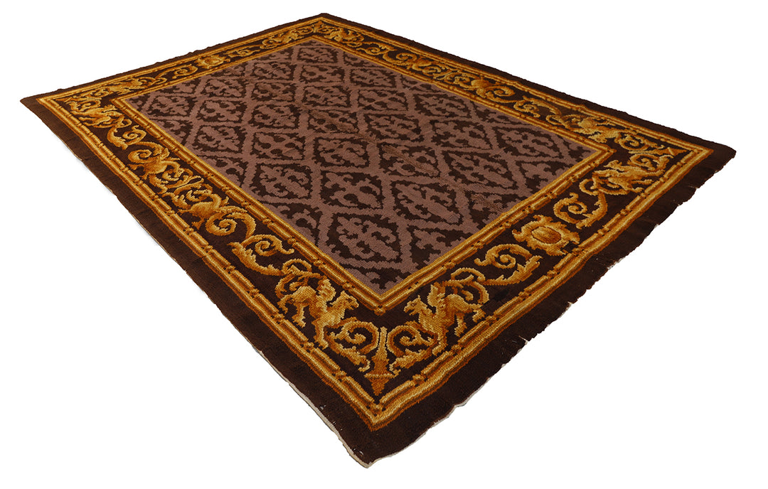 9'x13' antique Spanish Savonnerie wool area rug in gold and brown European floral design