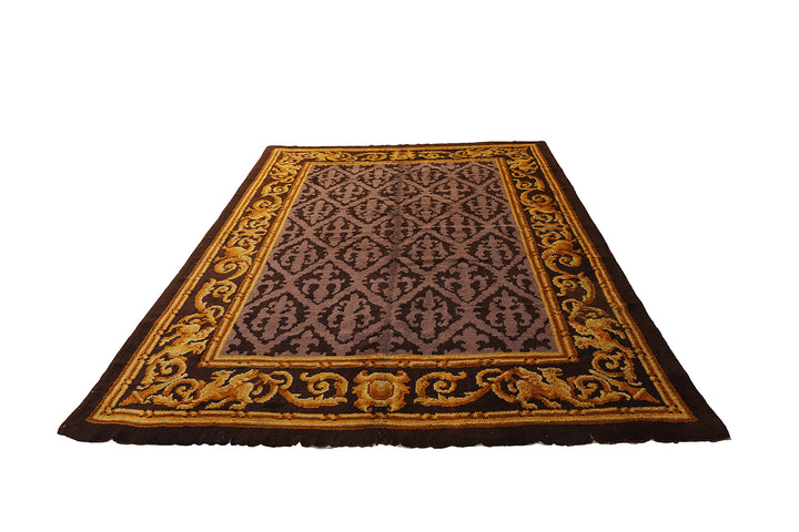 9'x13' antique Spanish Savonnerie wool area rug in gold and brown European floral design