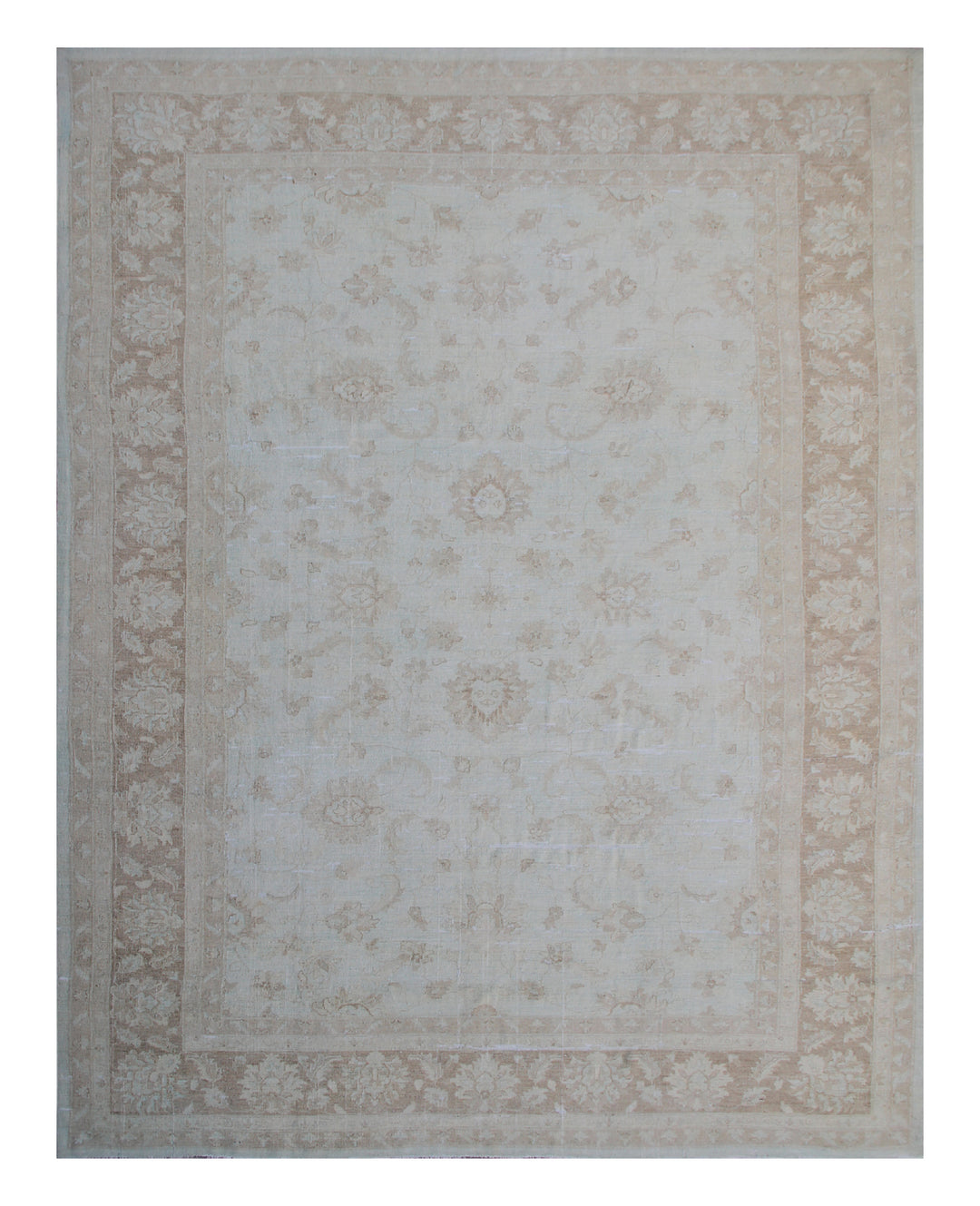 A rectangular, traditional style rug with a pale ice blue and brown color scheme and floral pattern.