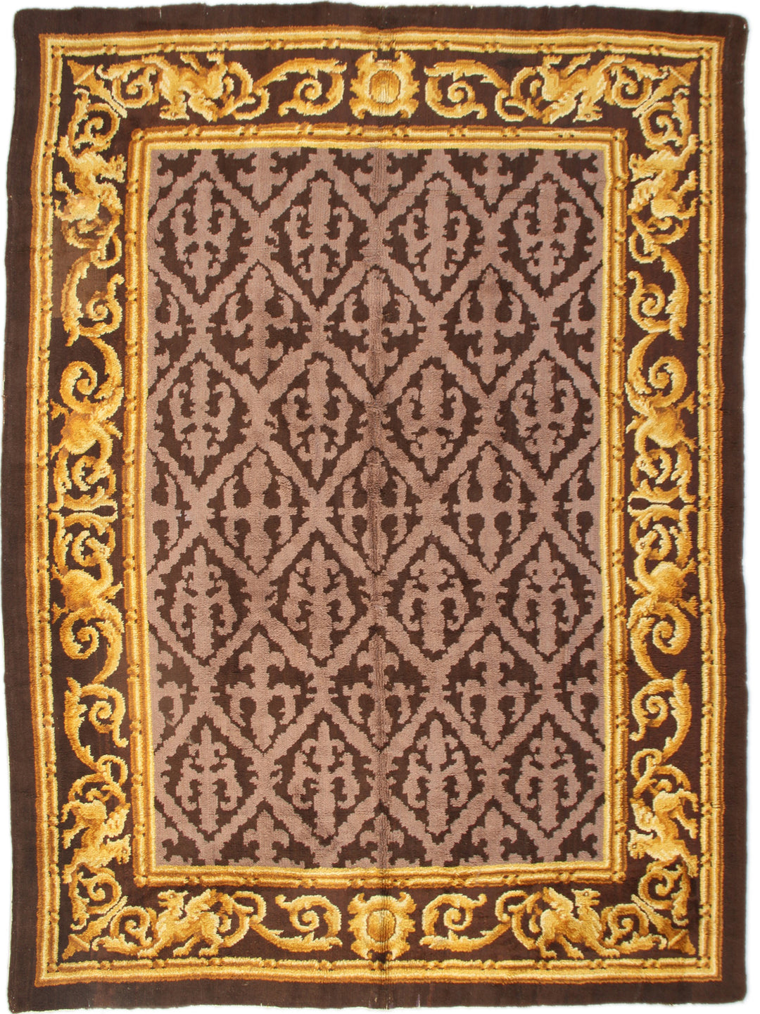 9'x13' Wool Rug | Antique Spanish Savonnerie | Gold & Brown