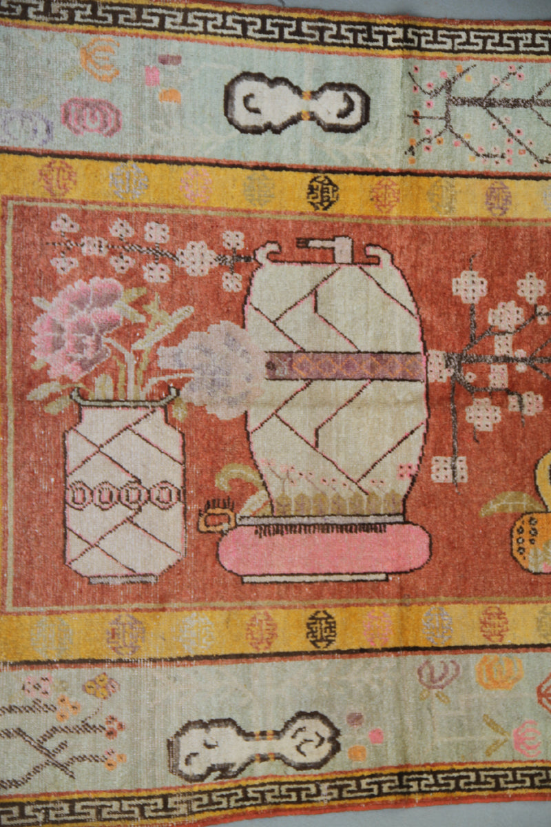 9'x4' Vintage Khotan / Samarkand (Yarkand) Rug – Hand-Knotted | Vases & Wildflowers Rug