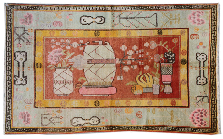 9'x4' Vintage Khotan / Samarkand (Yarkand) Rug – Hand-Knotted | Vases & Wildflowers Rug