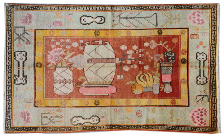 9'x4' Vintage Khotan / Samarkand (Yarkand) Rug – Hand-Knotted | Vases & Wildflowers Rug