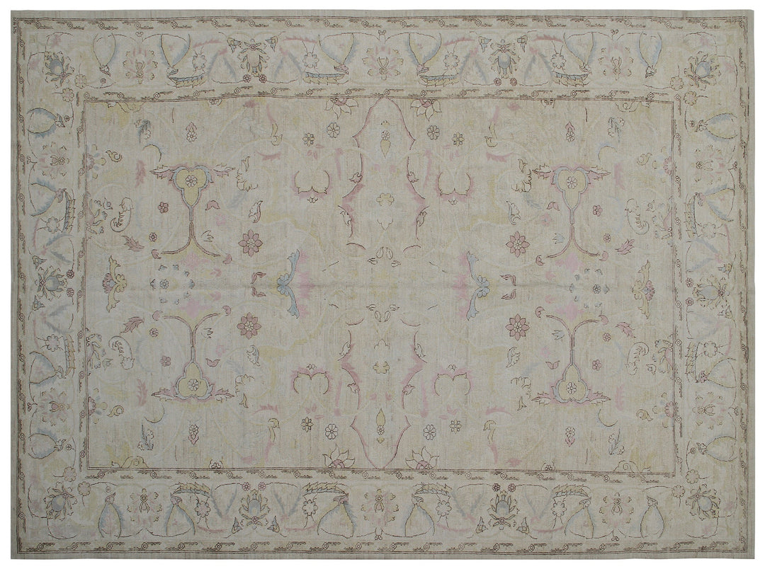 9'x6' Ariana luxury Polonaise design rug in soft pink and cream organic wool with silk highlights