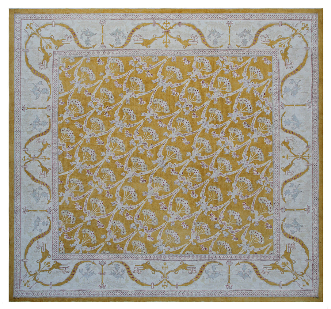 9x9 Luxury Area Rug | Floral | Geometric | Hand-knotted | Gold, Ivory, Beige