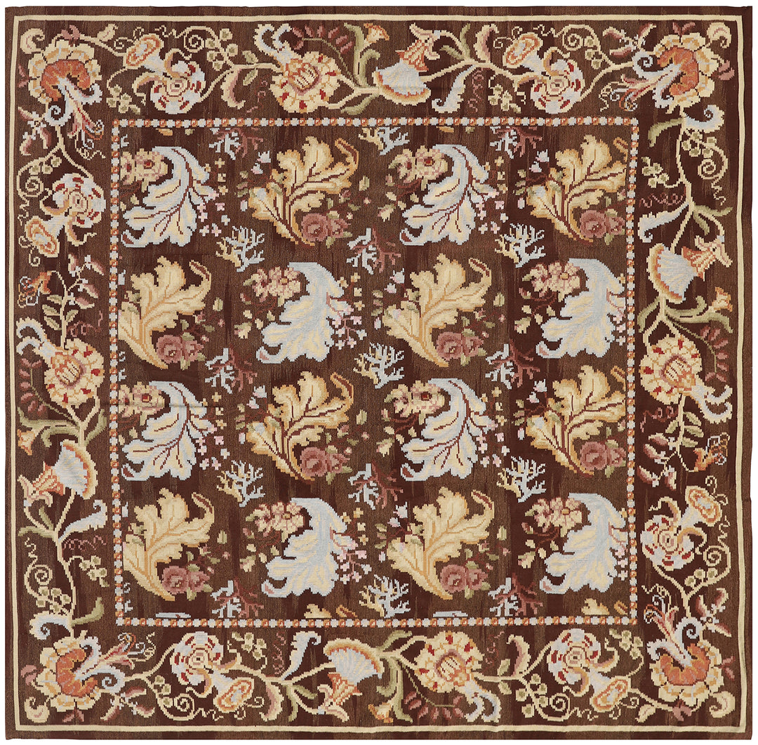 Square Brown Kilim |Ice Blue Aubusson Weave Area Rug