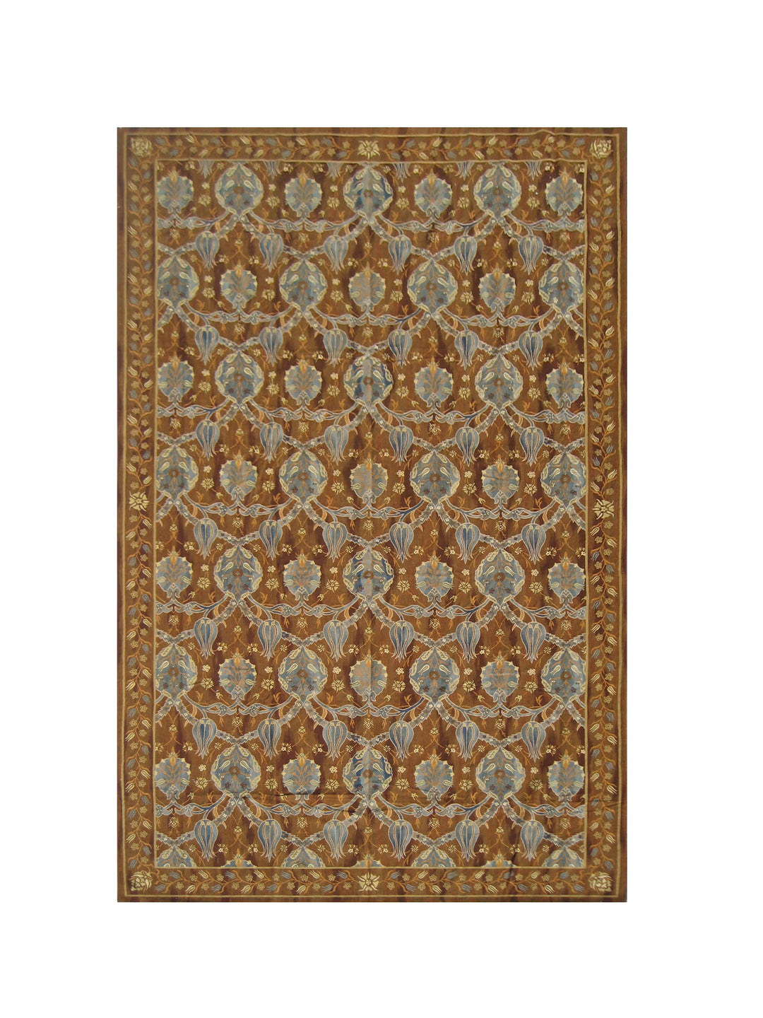 Handwoven brown and blue Bessarabian floral wool kilim in long gallery size, crafted by artisans from the Ariana Kilim Collection. Luxury flatweave rug.