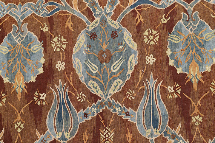 Large handwoven wool kilim in brown, blue, and ivory with Ottoman design. Luxury 12×18 flatweave rug from the Ariana Kilim Collection.