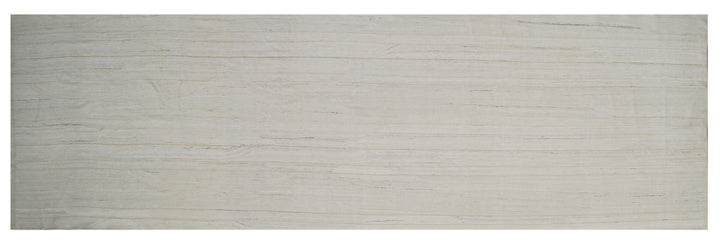 Full-length view of an authentic 4x14 solid light color handmade flatweave kilim runner rug from the Ariana Collection, showcasing its clean minimalist texture and wide wool-on-cotton weave.