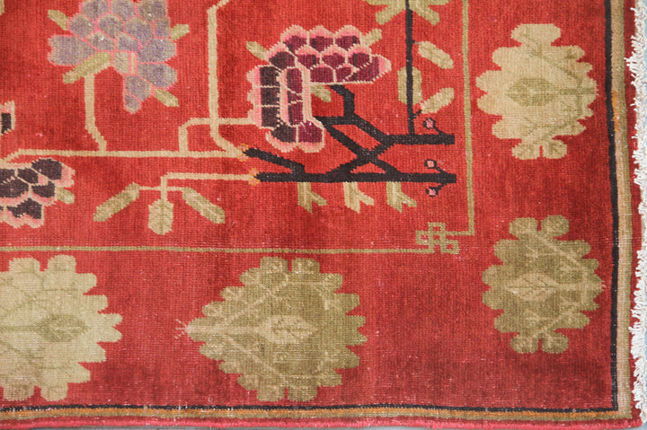 Pictorial Wool Area Rug |Vintage Khottan | Red, Green and Black