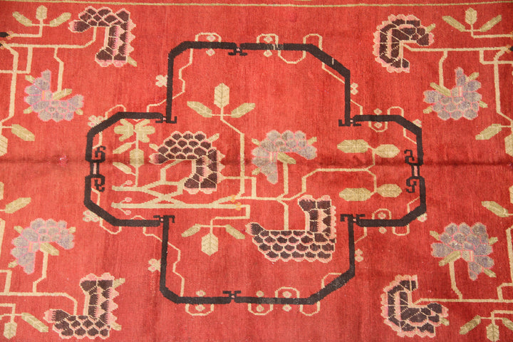 Pictorial Wool Area Rug |Vintage Khottan | Red, Green and Black