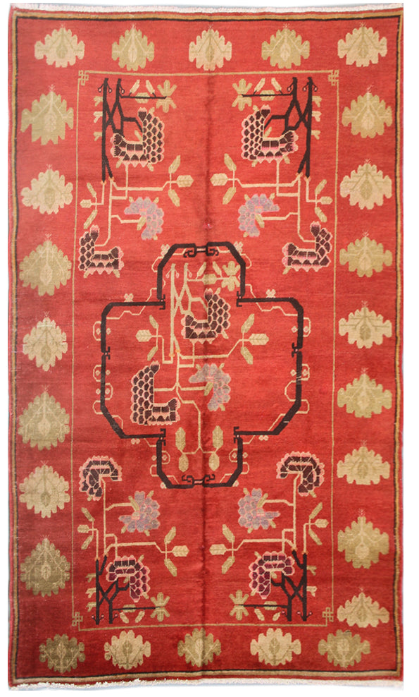 Pictorial Wool Area Rug |Vintage Khottan | Red, Green and Black