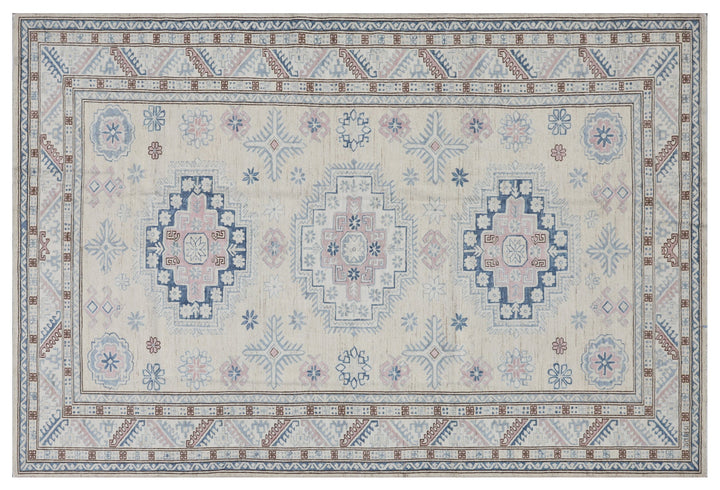 Full flat view of 6x9 blue and yellow geometric Caucasian design Afghan hand-knotted wool rug from Ariana Hazara Collection