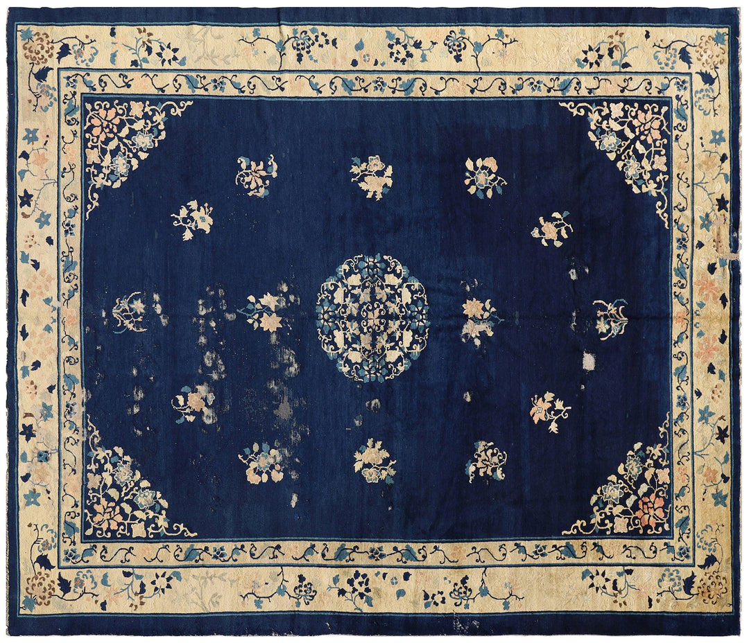 Antique Chinese Peking Rug | 9x12 Navy Blue Distressed Medallion