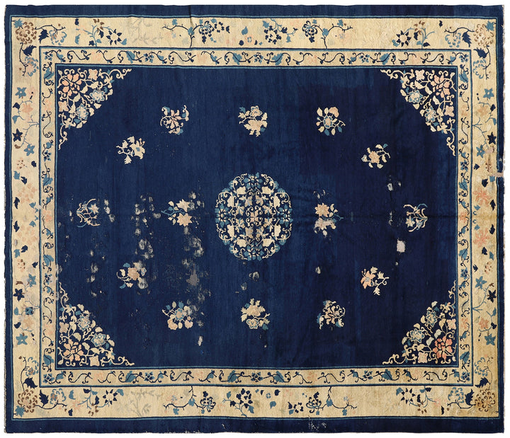 Antique Chinese Peking Rug | 9x12 Navy Blue Distressed Medallion