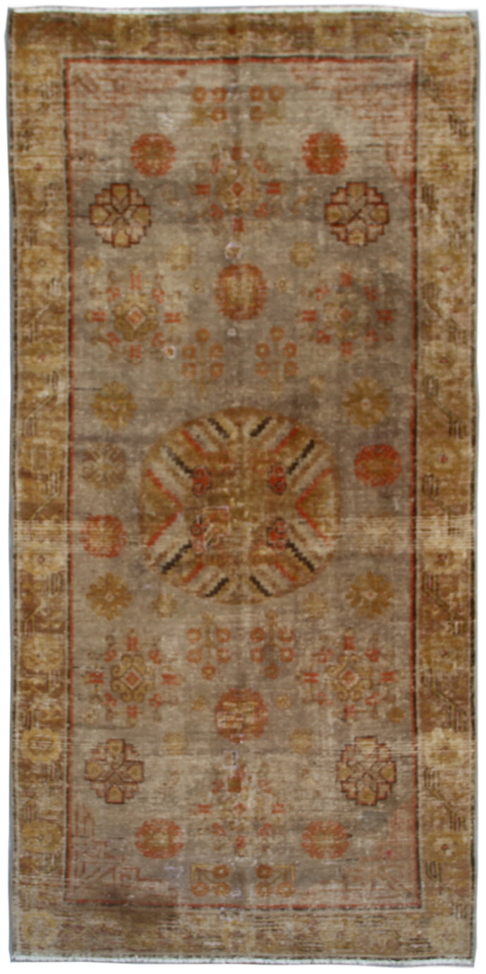 Antique Samarkand hand-knotted wool runner measuring 8'5" x 4'6" featuring an antique red medallion design on a grey, orange, and gold color palette.