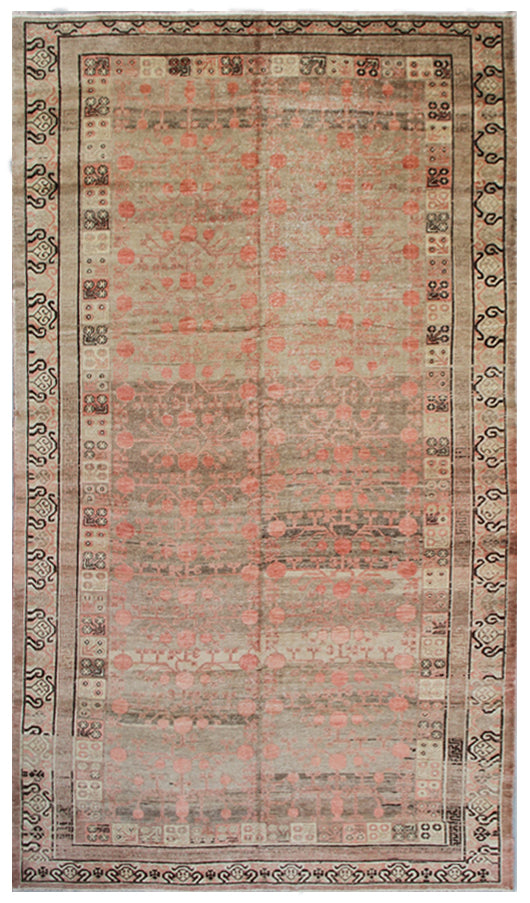 Extra-large antique East Turkistan Samarkand wool rug measuring 7'11" x 16'1" featuring a pomegranate botanical design in grey, pink, brown, beige, and black.