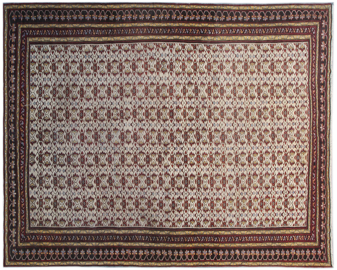 10'x18' antique ivory Indian Agra-style rug in burgundy and ivory hand-knotted wool from Ariana Rugs