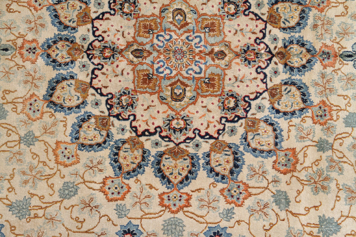 Image Alt Text: Antique semi-antique Kerman wool rug in blue and ivory with European floral design