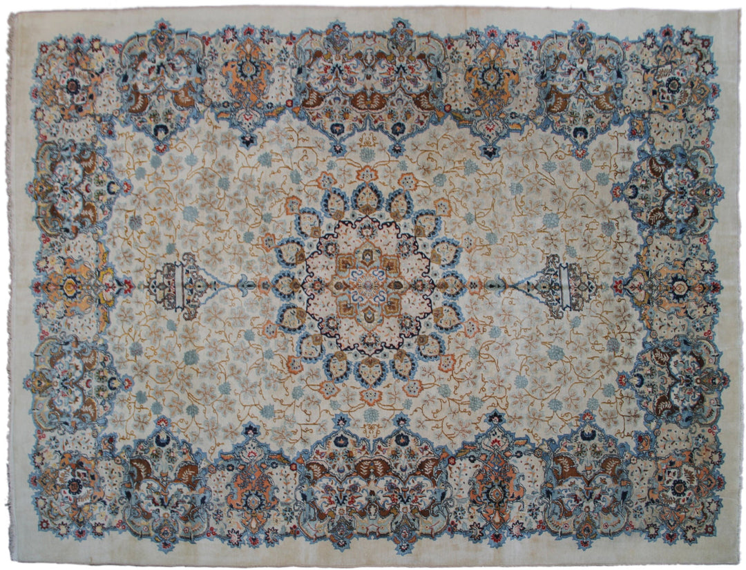 Image Alt Text: Antique semi-antique Kerman wool rug in blue and ivory with European floral design